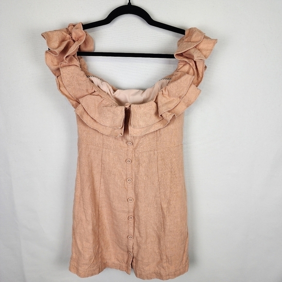 Saylor Janie Off The Shoulder Peach Linen Mini Dress SIZE SMALL - Picture 3 of 8
